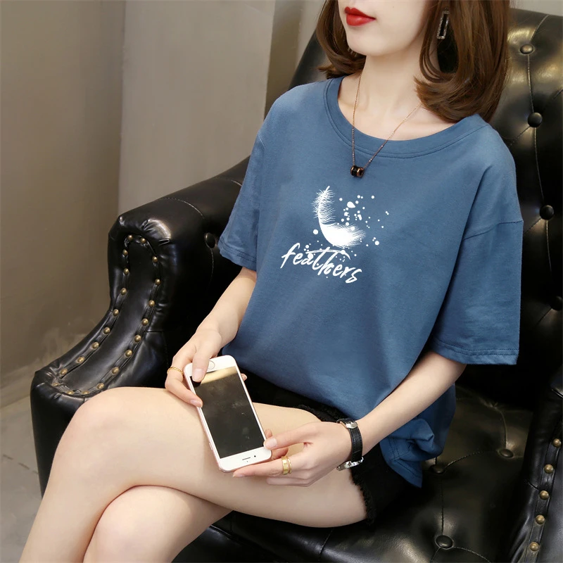 百搭图案2023夏季新款韩版短袖t恤女圆领纯棉印花上衣潮休闲女装