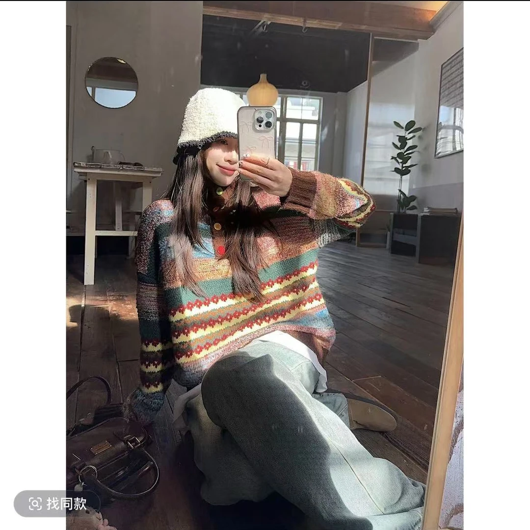 【金咕咕】艺术生彩色纽扣高领毛针织衫2024新款长袖减龄上衣