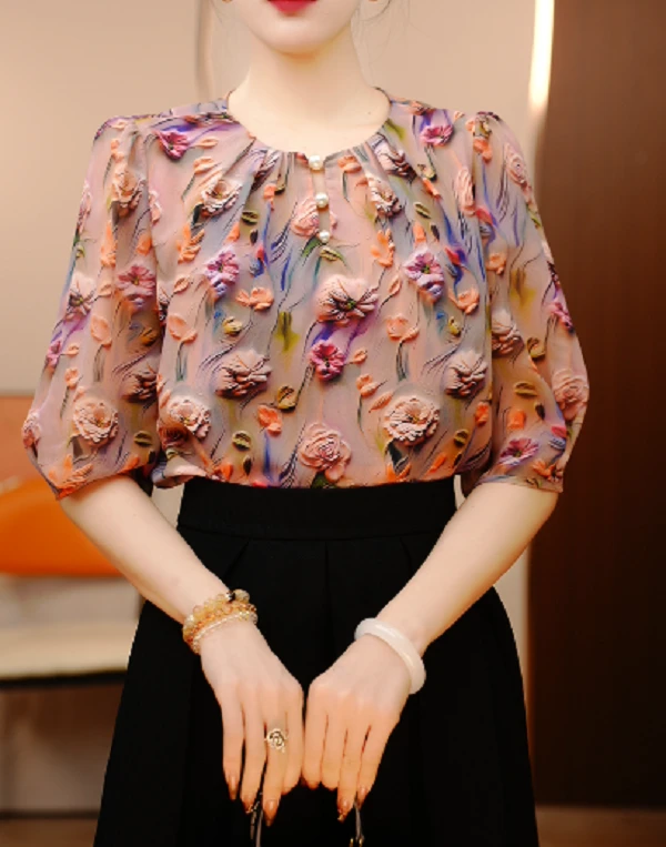 立体花-新款宽松精致透气高级百搭显瘦时尚印花上衣