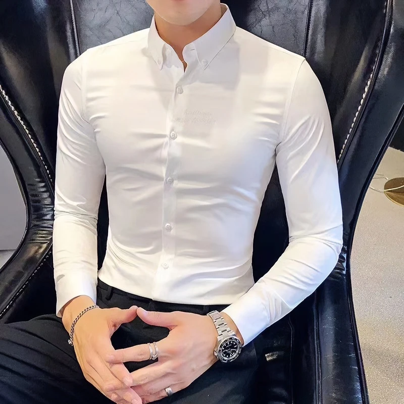 白衬衫高端免烫弹力休闲时尚商务男士抗皱纯多色韩超大码加绒衬衣