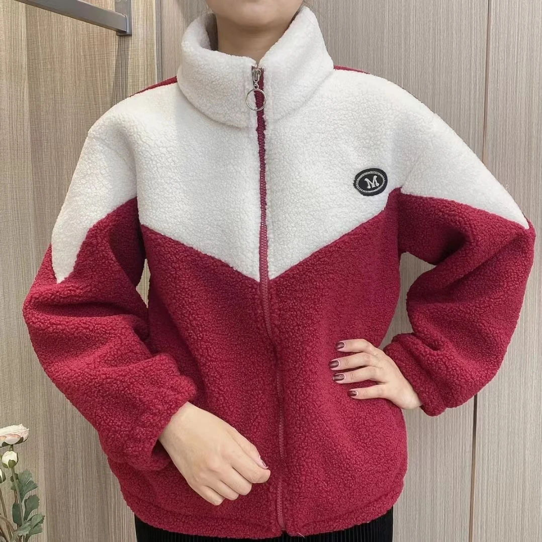 秋冬新款拼色颗粒绒加绒加厚保暖时尚休闲减龄外套