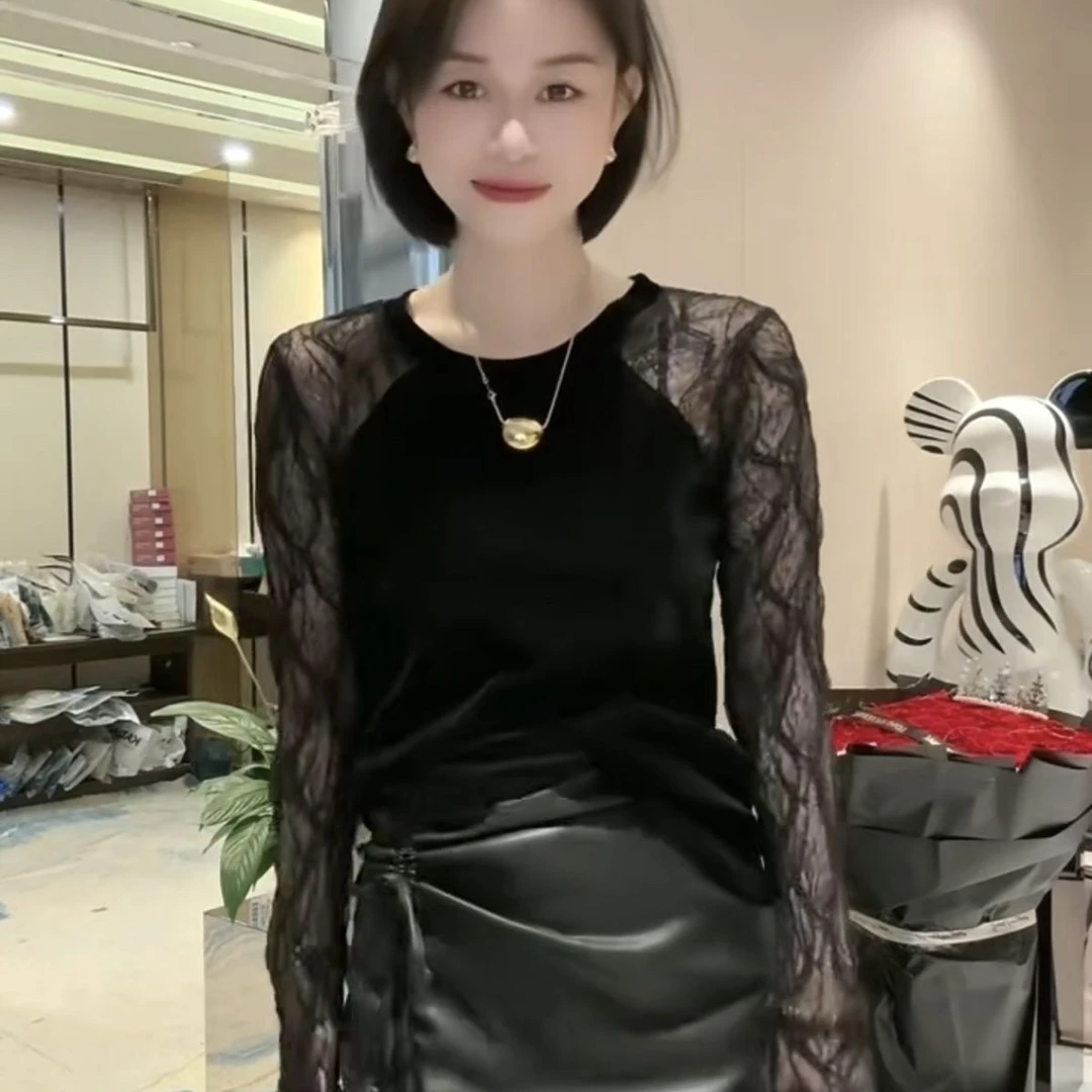 欧货爆款时尚小衫女2024年秋季新款洋气百搭丝绒拼接蕾丝微透上衣