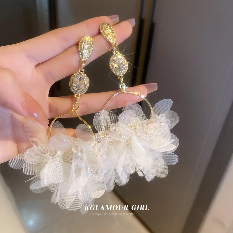 央时尚原创设计银针镶钻水晶花朵耳环韩国气质感长款耳坠夏季新