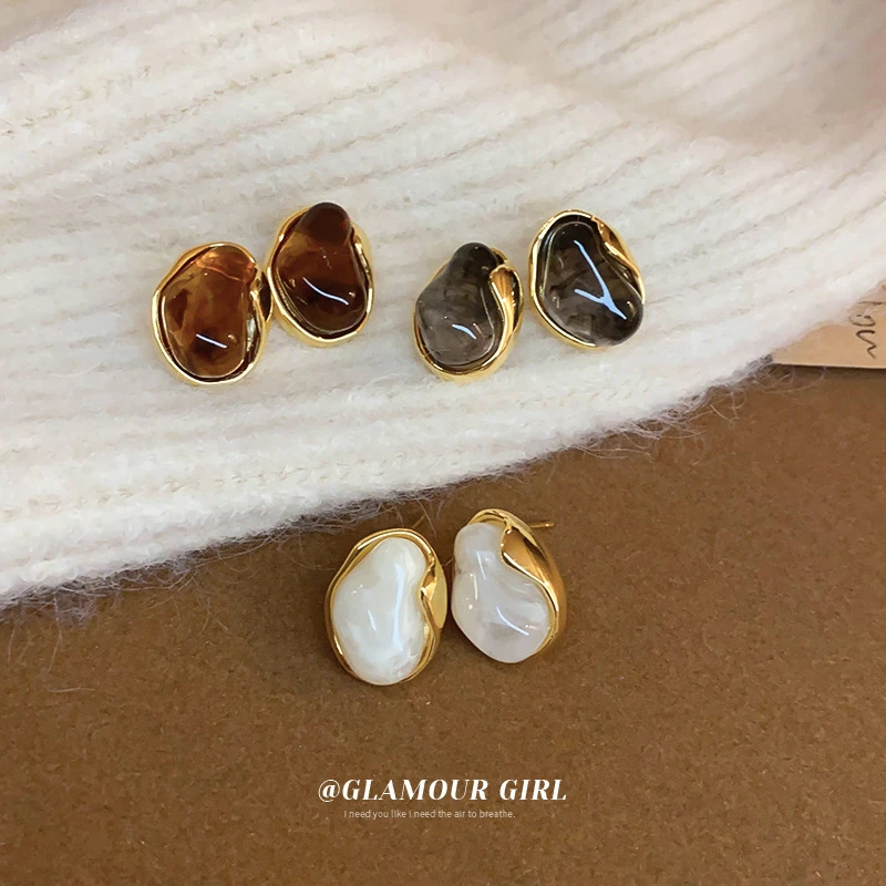 维央原创设计电镀银针不规则椭圆树脂耳环时尚轻奢气质耳钉小众高