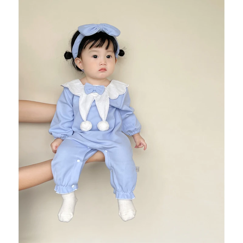 婴儿韩版2025春秋新款蝴蝶结长袖连体衣女宝宝包屁棉爬服送发带