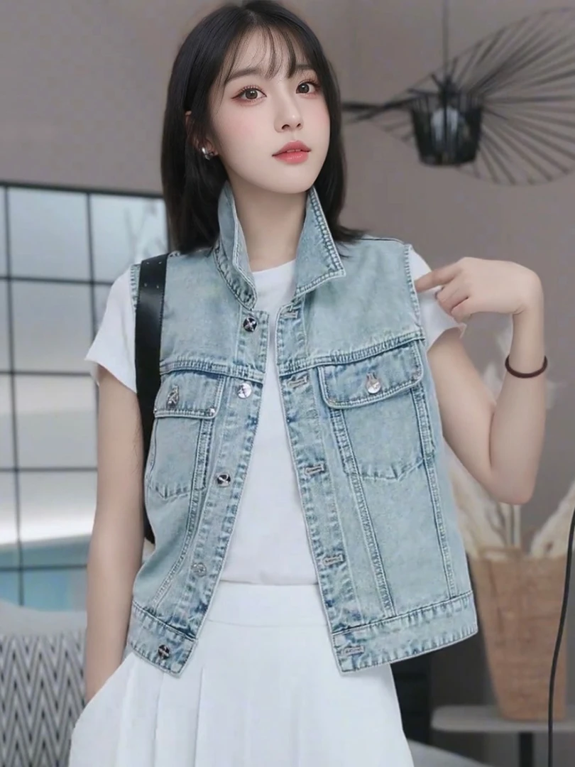 浅蓝色牛仔坎肩无袖马甲女欧货夏薄款设计感复古马夹外套叠穿上衣