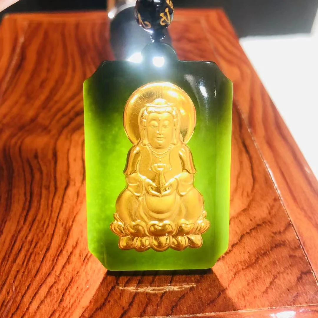 足金黄金真金和田玉观音吊坠-带礼盒证书 LL