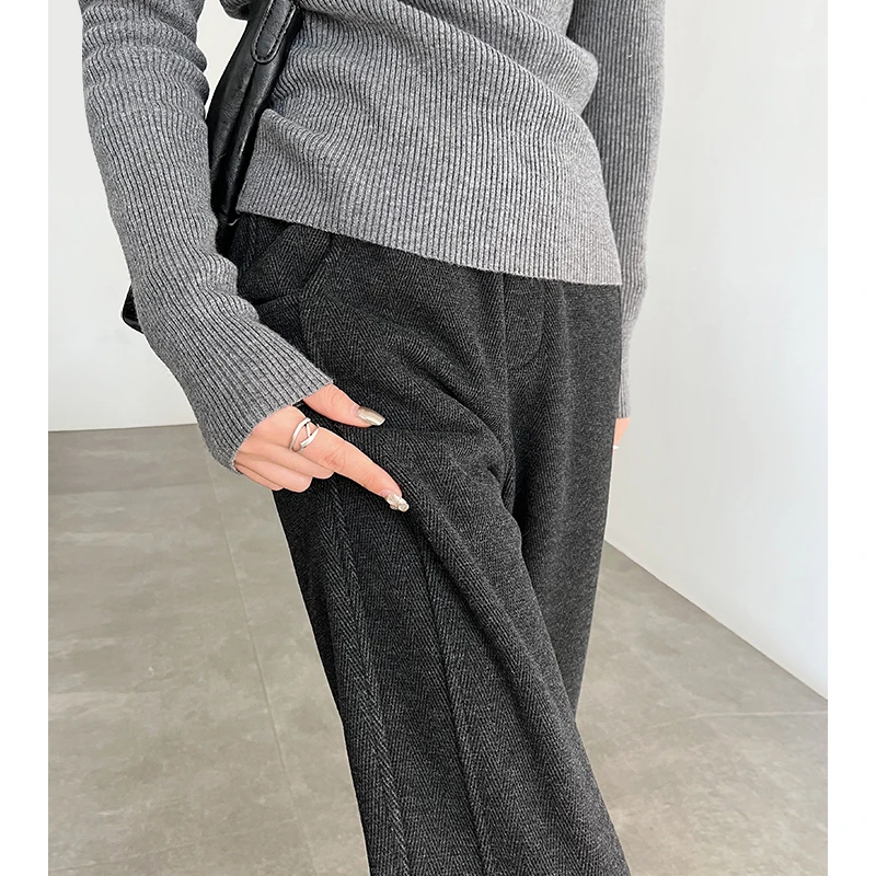人字纹加绒阔腿裤女秋冬2024新款毛呢开叉裤子直筒加厚窄版香蕉裤