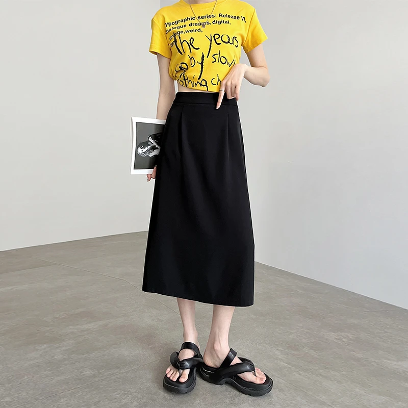 黑色a字半身裙夏薄款女 高腰显瘦开叉垂感时尚通勤冰丝西装半身裙