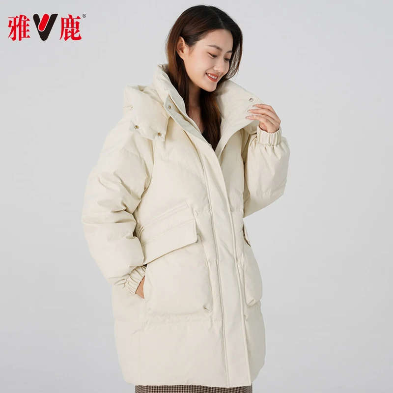 V/雅鹿2024女士韩版时尚百搭加厚白鸭绒中长款羽绒服-YA801W01310