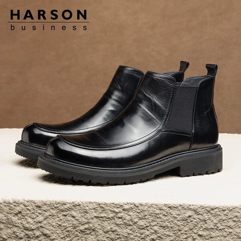 哈森男鞋复古英伦短靴高帮大头休闲皮鞋厚底增高真皮中筒切尔西靴