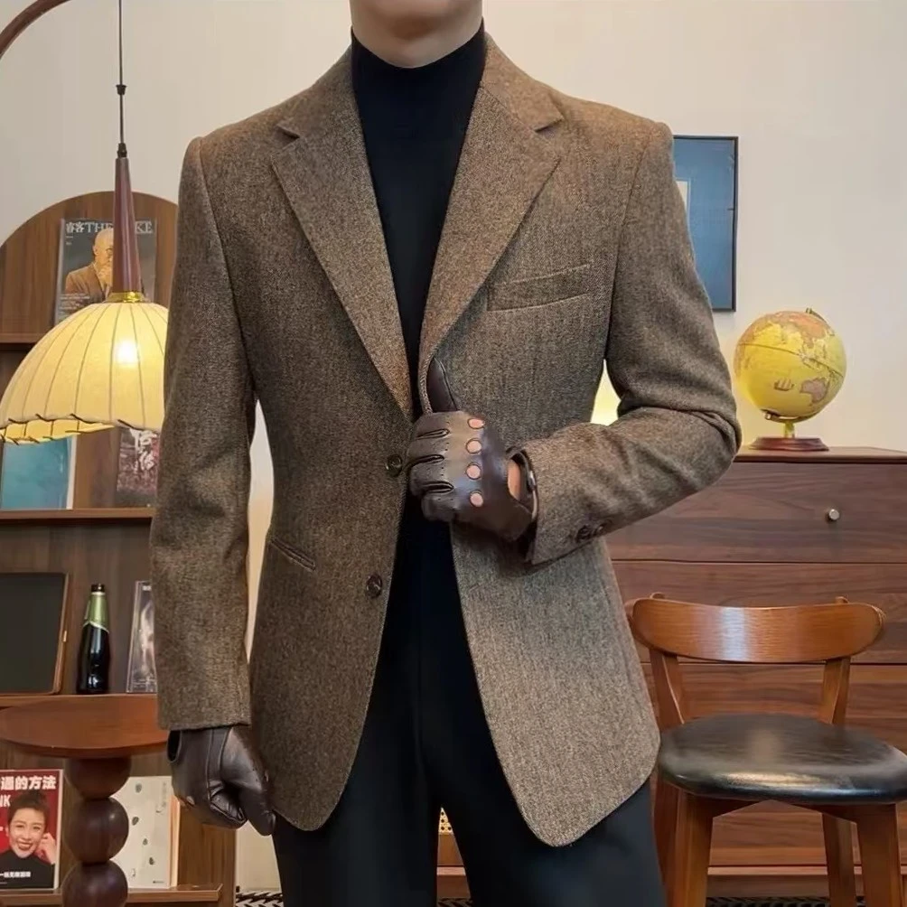 常发修峰高级感意式修身西装重磅人字纹羊毛秋冬修身休闲男西服