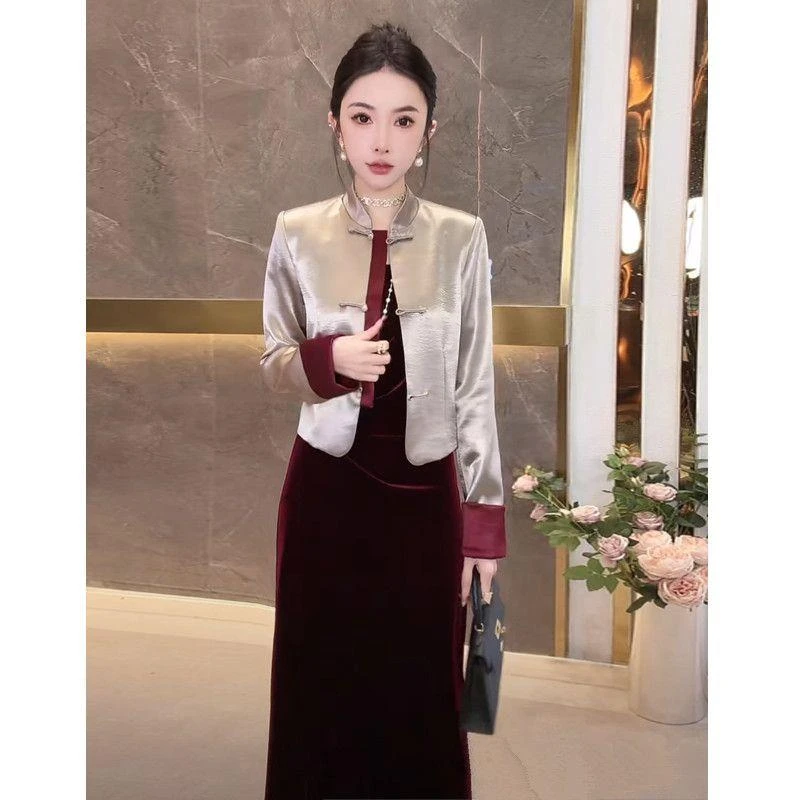 高品质新中式国风套装裙秋季新款气质醋酸缎外套丝绒背心裙两件套