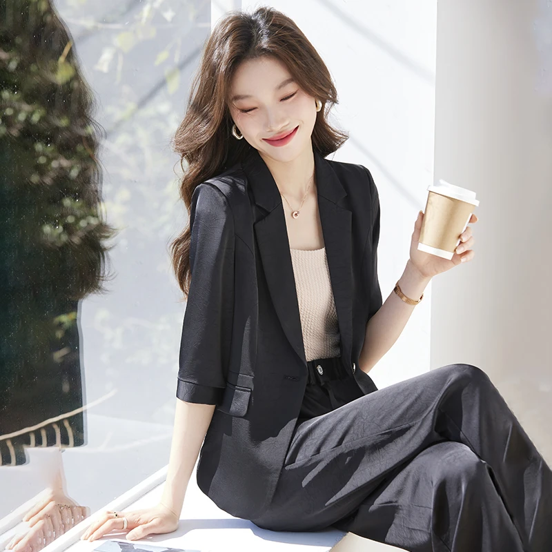 修身醋酸西装显瘦女2025新款夏季黑色高级感外套气质职业工作服夏