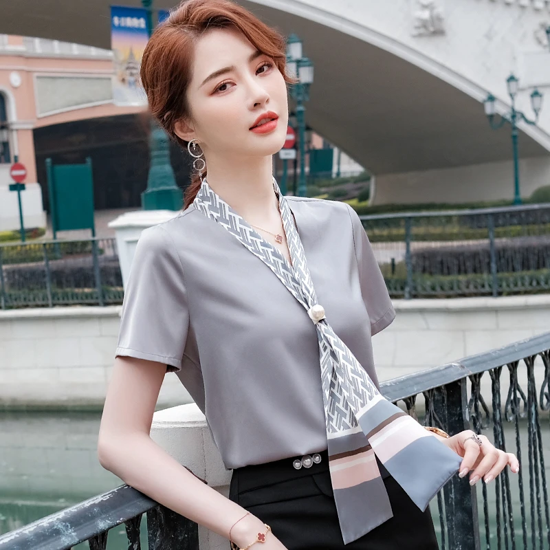 高级灰短袖衬衫女设计感小众洋气时尚飘带缎面雪纺V领白衬衣高端