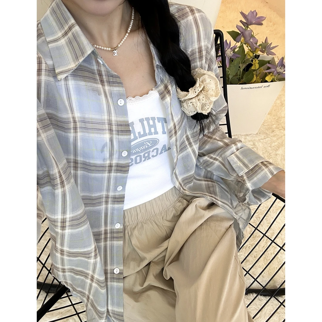 【辛小言】2024反季慵懒风格子薄款长袖防晒衬衫字母吊带背心两件套
