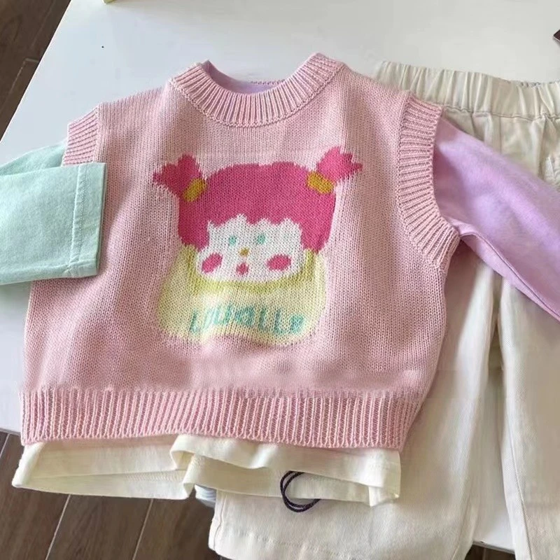 女童童装打底毛衣2023新款秋季圆领韩版撞色拼接休闲儿童针织上衣
