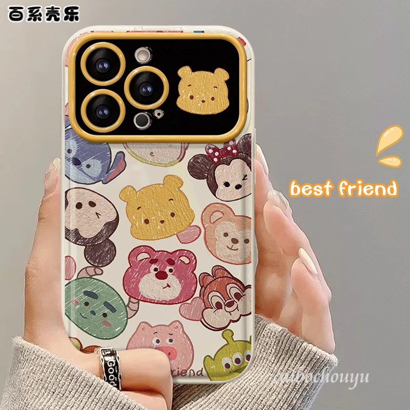 苹果华为vivo/oppo小米小熊头翻盖镜子大视窗iPhone15pro手机壳女