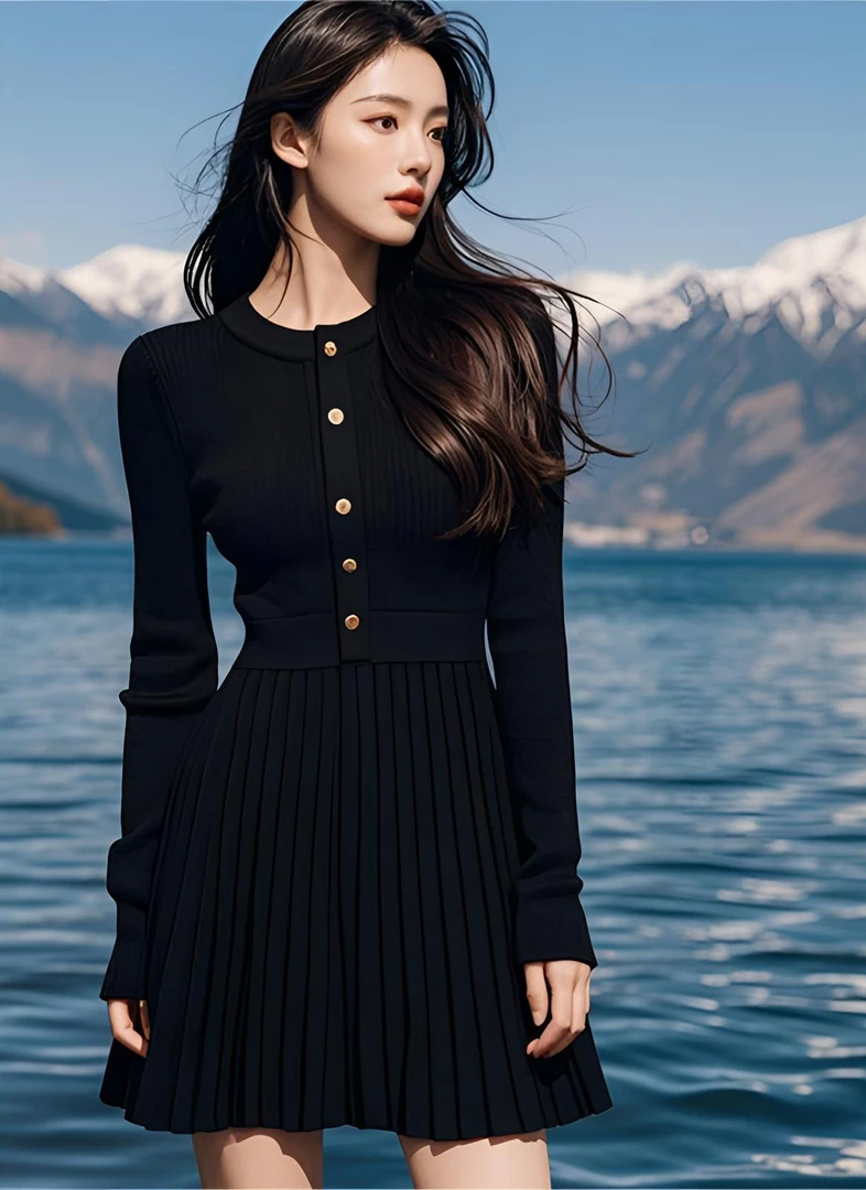 2025新款黑色连衣裙气质秋冬装收腰显瘦法式设计感单排扣百褶短裙