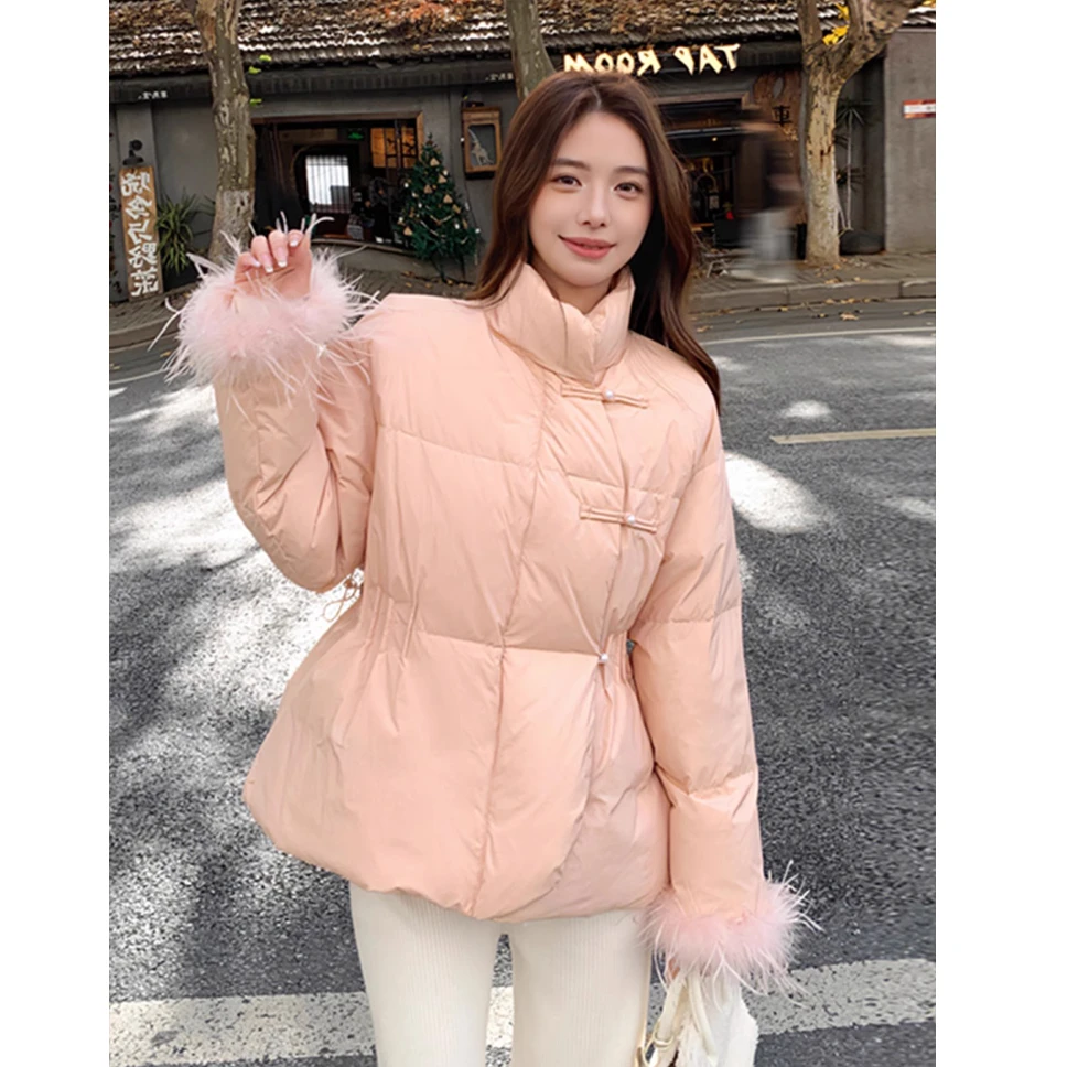 粉色新中式国风羽绒棉服款冬季大码收腰甜美洋气加厚棉衣棉袄