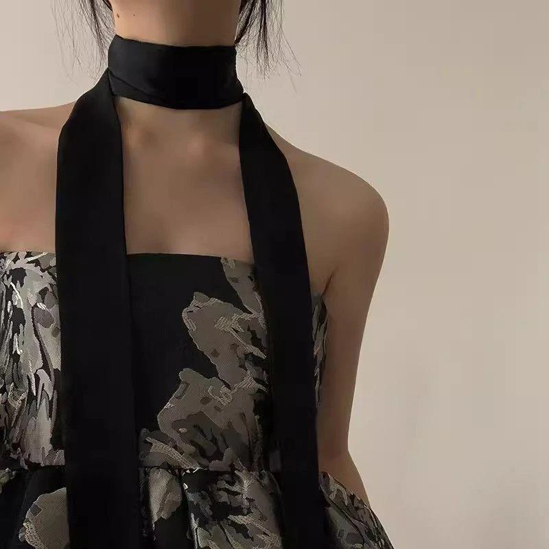 黑色丝带领带遮脖子丝巾女搭配衬衫小长条绑发带飘带遮疤护颈装饰