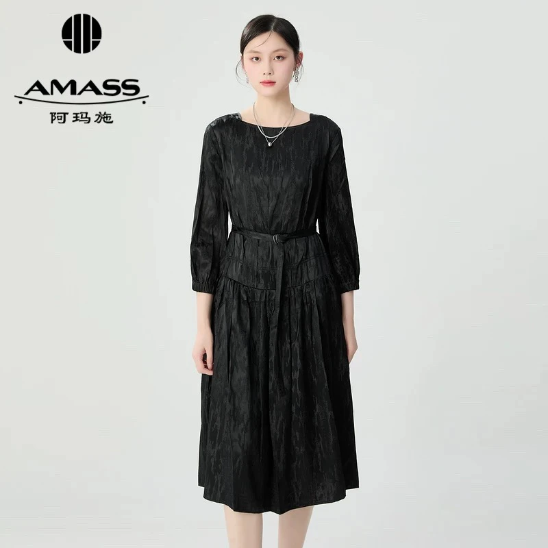 阿玛施商场同款春秋新品5500548黑色长袖系带连衣裙气质优雅质感