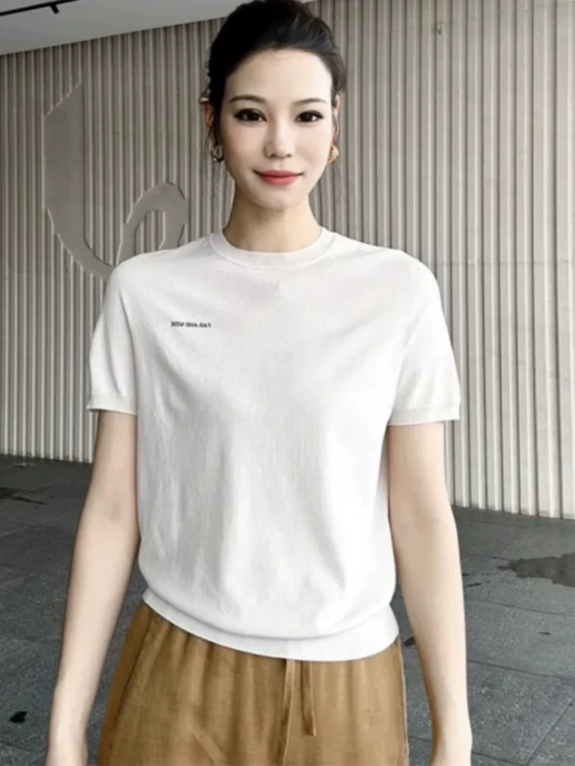 阿玛施商场同款春夏新品5399731圆领短袖冰丝针织衫夏季字母简约