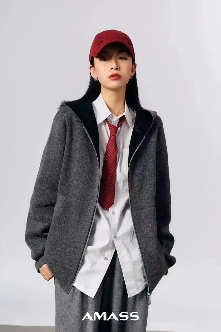 阿玛施商场同款秋冬新品5499284灰色拉链连帽衫外套针织休闲