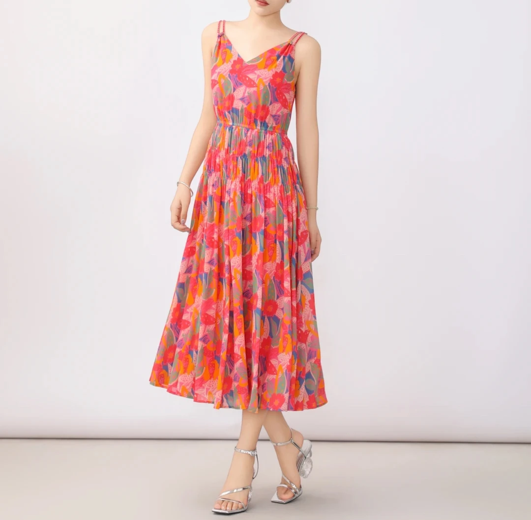 阿玛施商场同款2024秋季新款V领印花吊带连衣裙女5500493浪漫度假