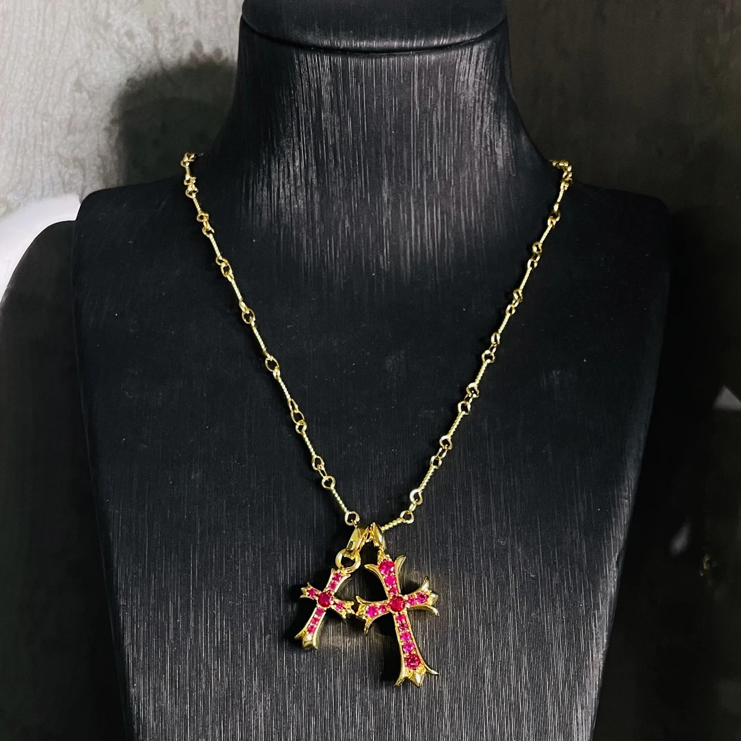 合金合成锆石项链 玫红锆石立体十字项链zyy171