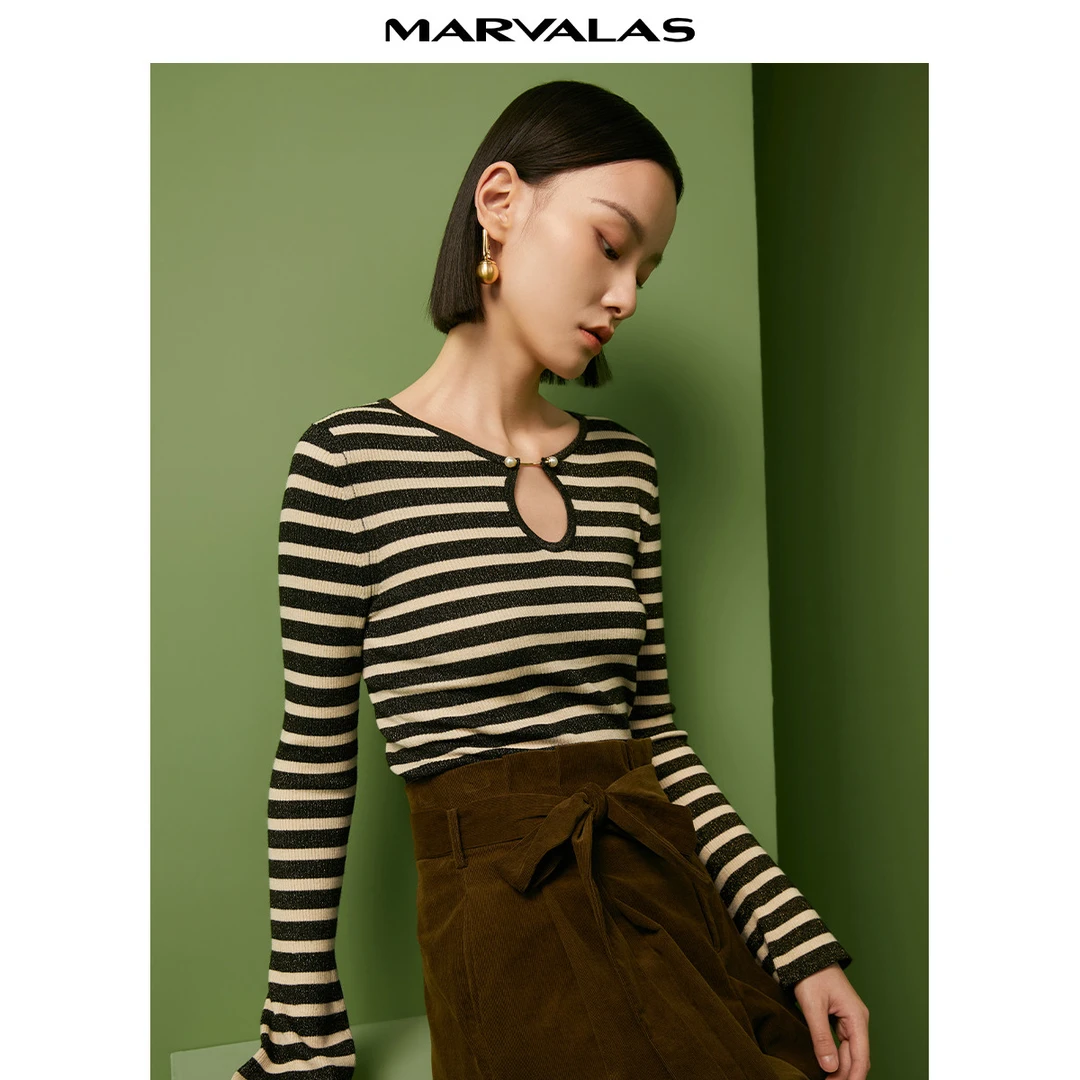 【籽言专属】条纹针织衫女春气质羊毛衫设计感打底修身上衣M730002