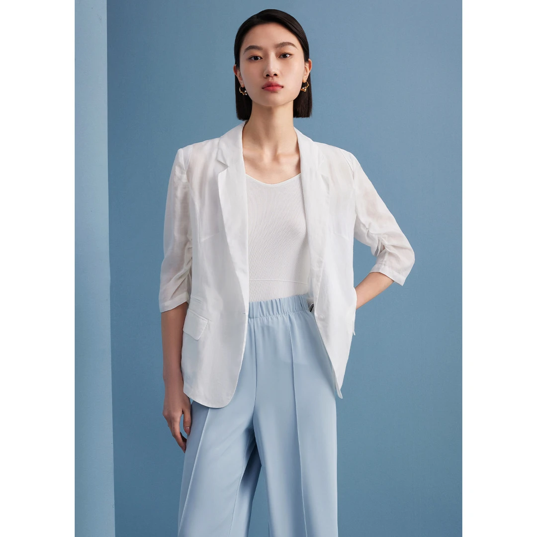 【曼德诗】莱赛尔天丝纯色西装夏季宽松半袖西服通勤外套M423201247