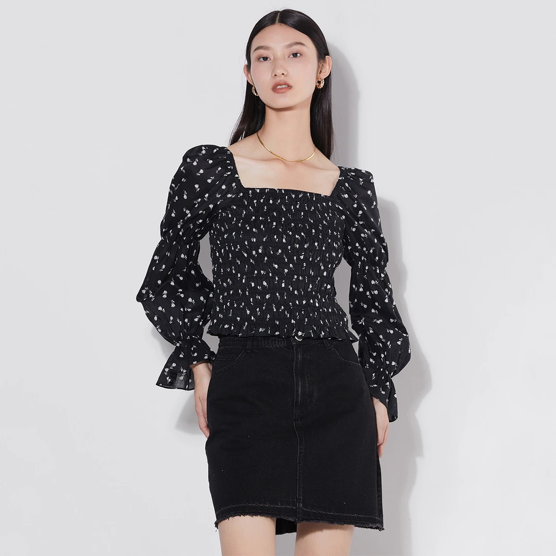 【粉丝专属】黑色时尚小众印花上衣夏打揽修身气质造型感长袖小衫