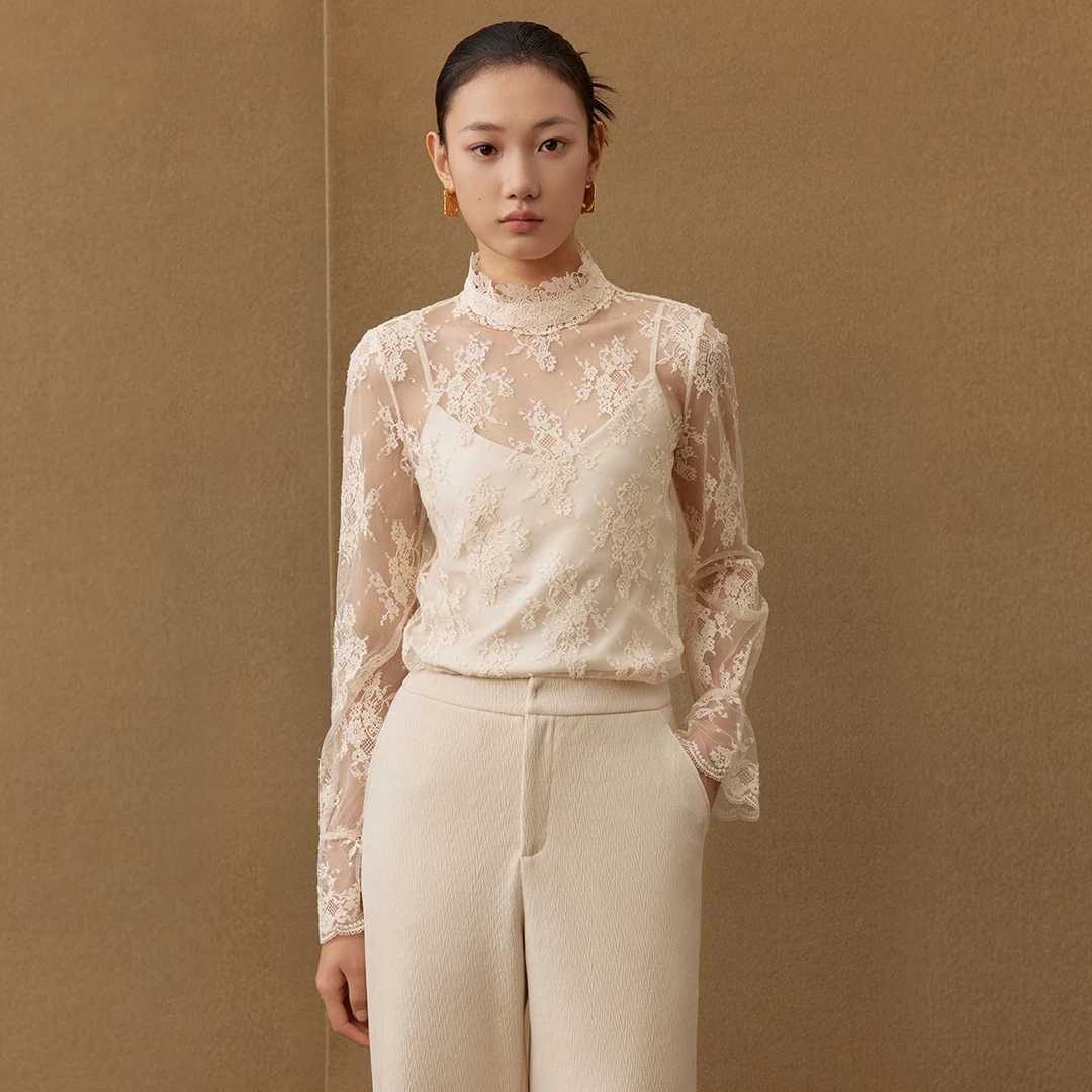 【曼德诗】优雅气质衬衫蕾丝保暖长袖百搭女镂空提花设计感M331151