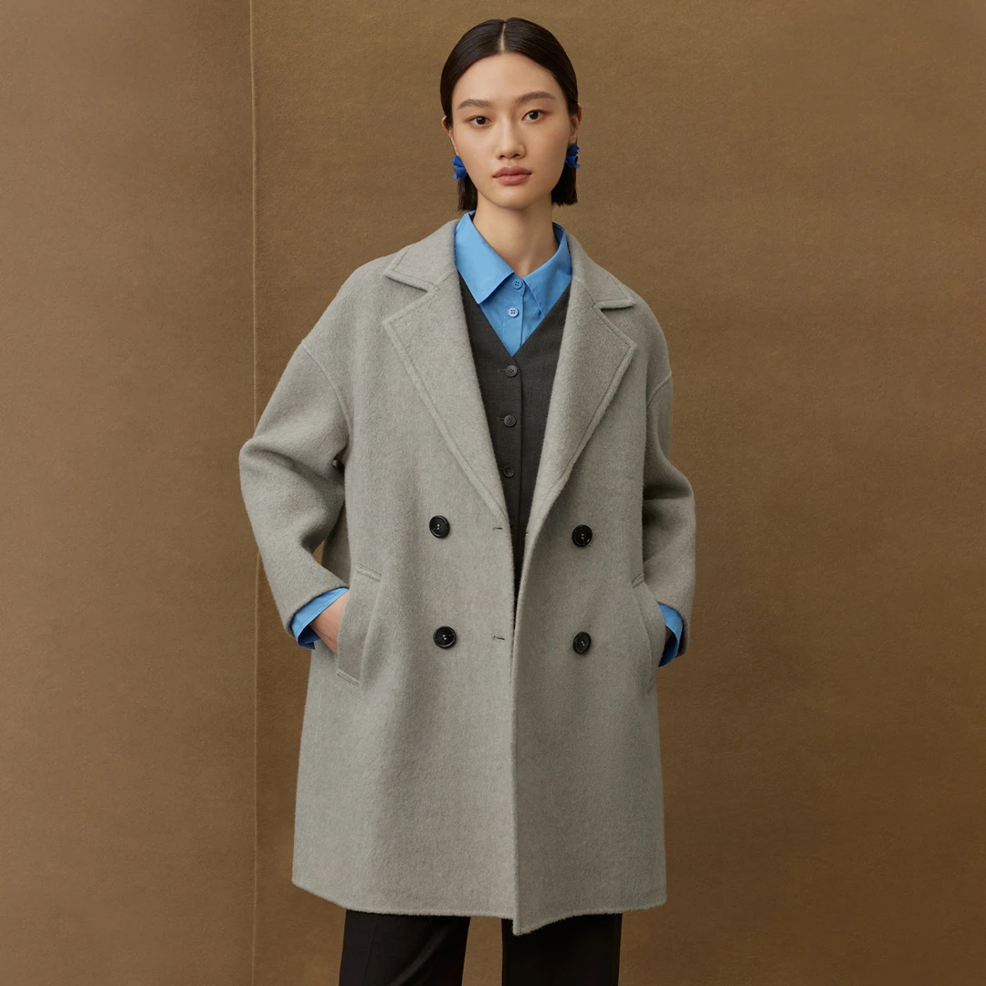 纯色毛呢大衣女冬季气质翻驳领含绒中长款双排扣外套M426302716