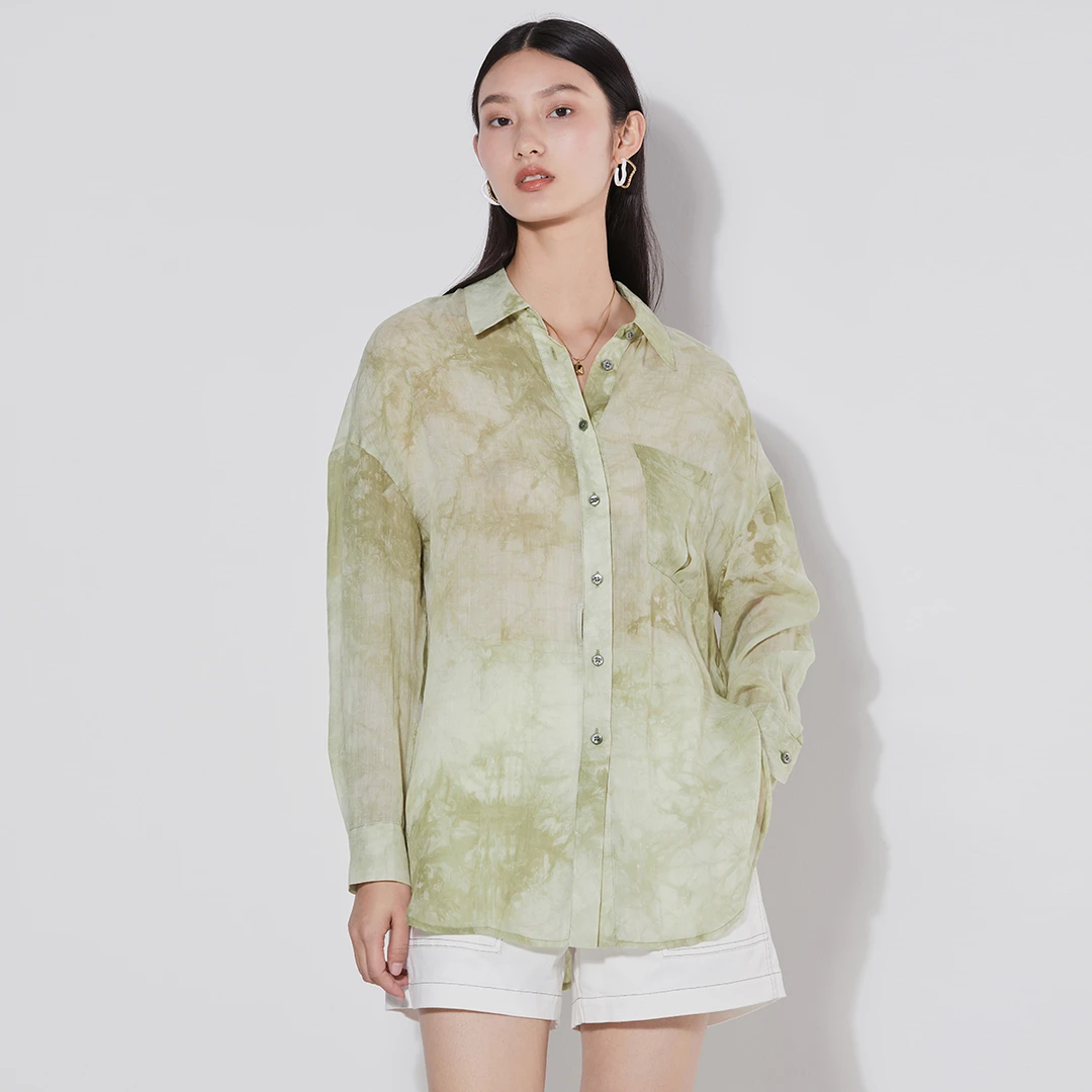 【曼德诗】花色衬衫女夏季胸口小口袋落肩袖型百搭薄上衣M330020