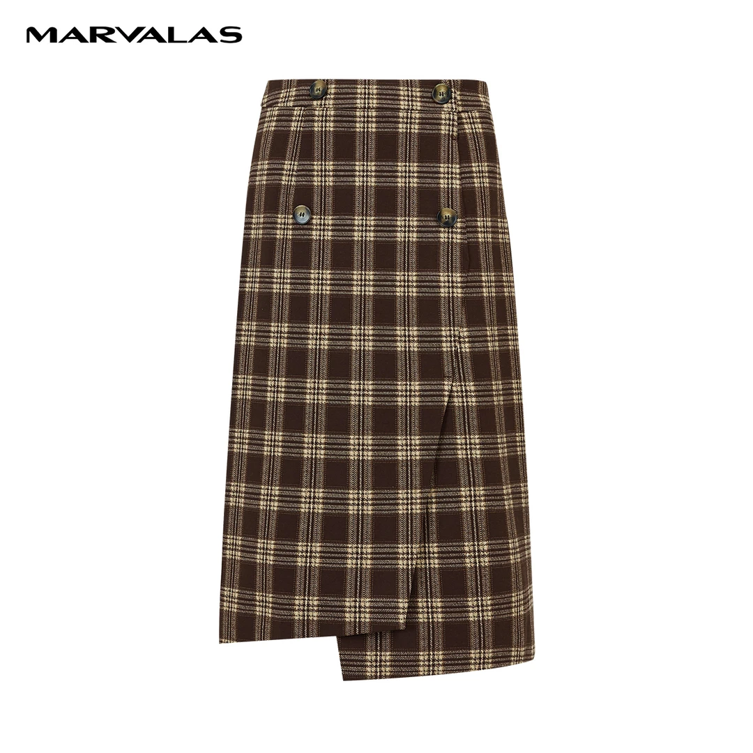 【专柜同款】M207302303曼德诗毛呢格子半身裙格纹时尚气质显瘦