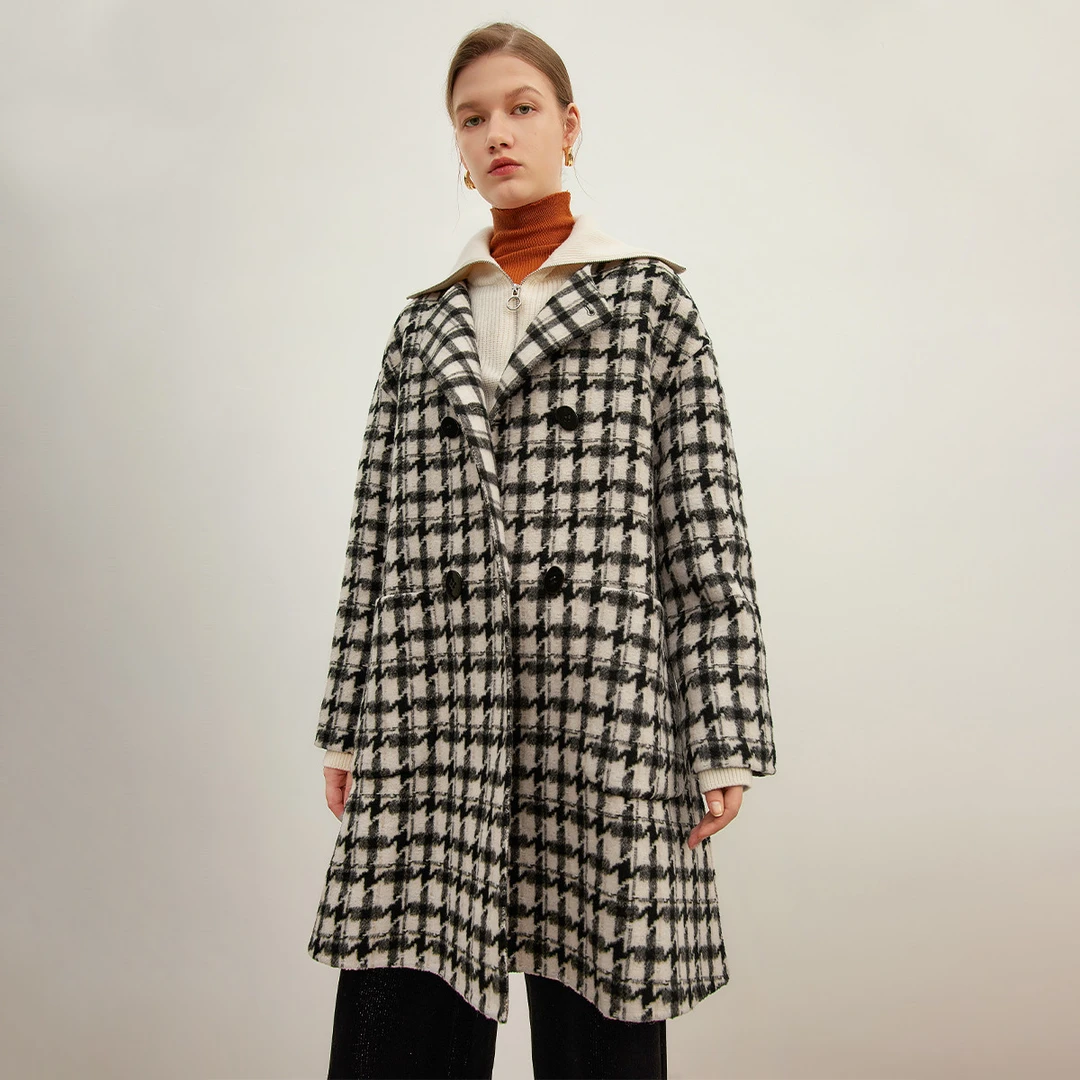 时尚格子大衣女冬季百搭气质中长款复古毛呢外套Y430308