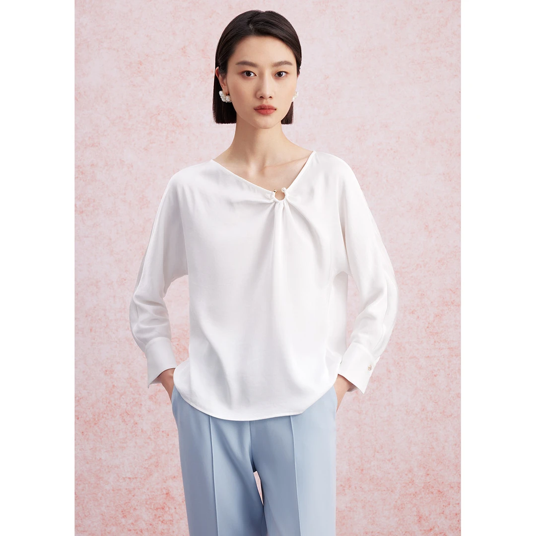 【曼德诗】设计感收褶小衫优雅气质纯色时尚长袖衬衫M314302931