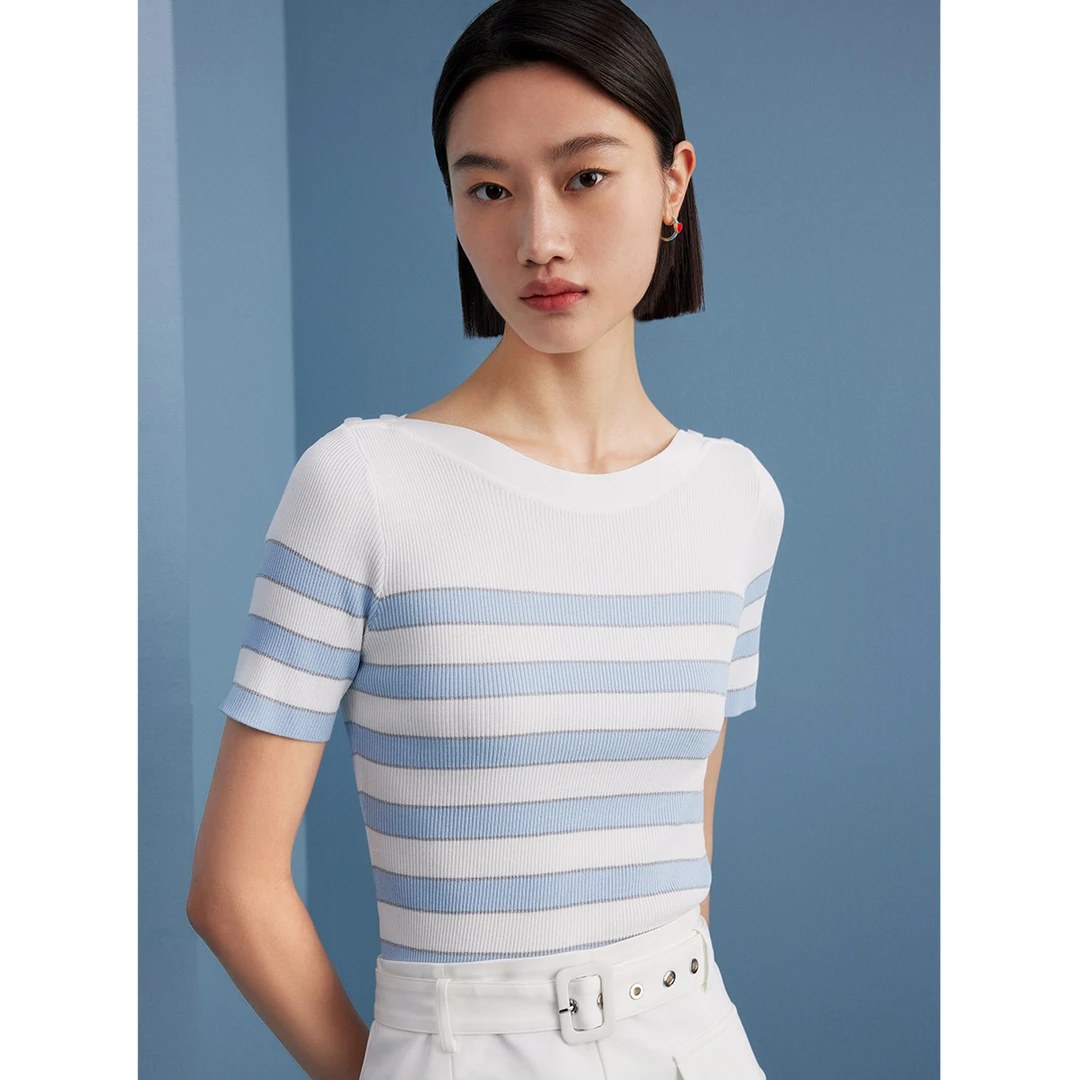 【曼德诗】设计感圆领针织T恤夏撞色条纹修身短袖针织衫M733201485