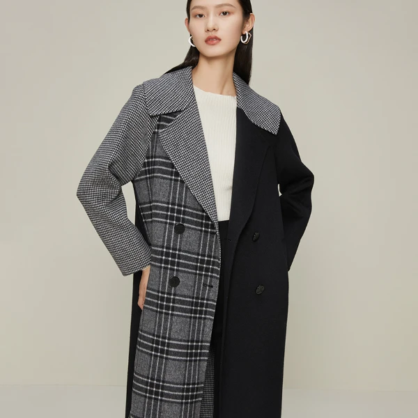 长款毛呢时尚格子大衣女冬季百搭气质长款复古毛呢外套M431887