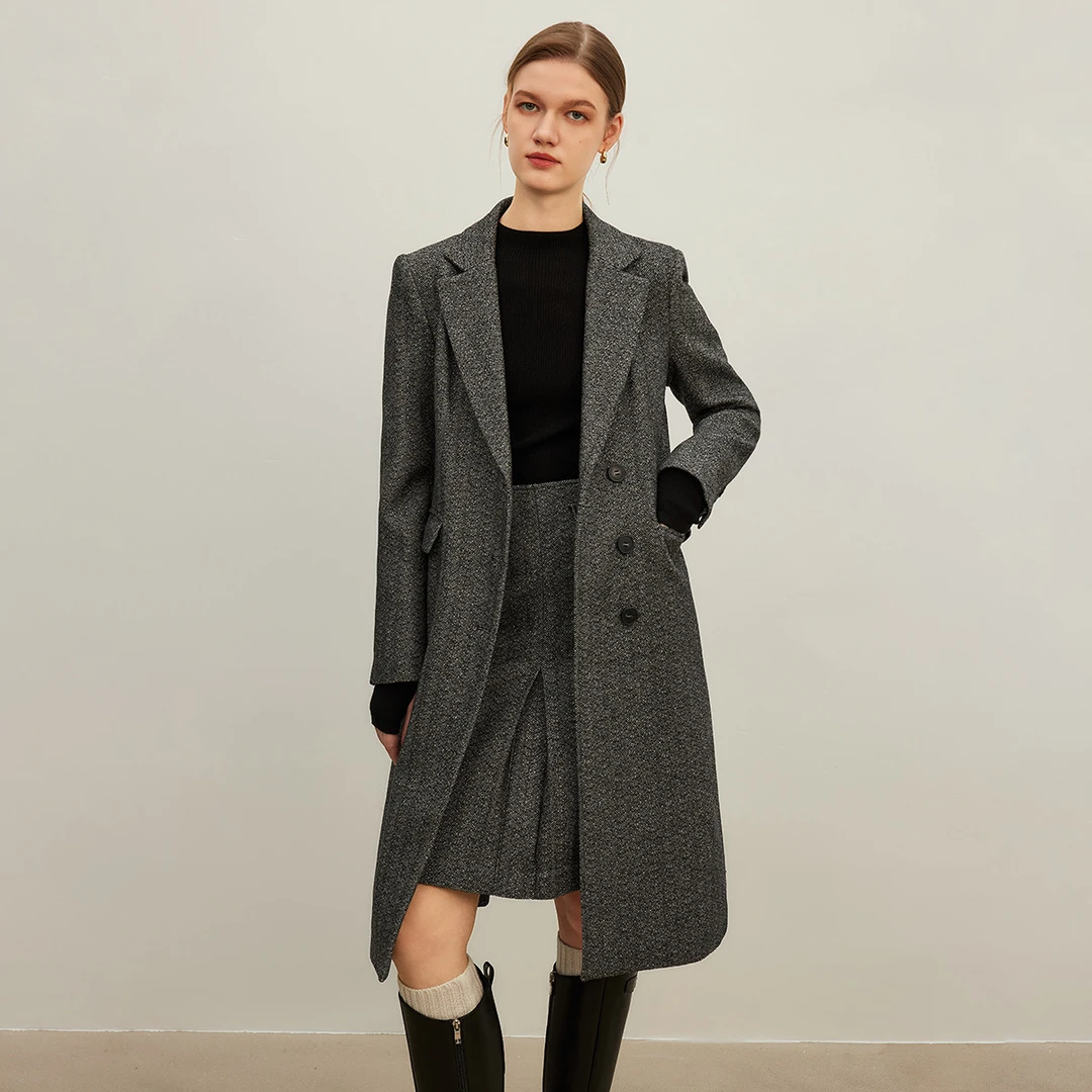 时尚复古毛呢大衣女冬季简约气质长款翻领呢子外套Y430620