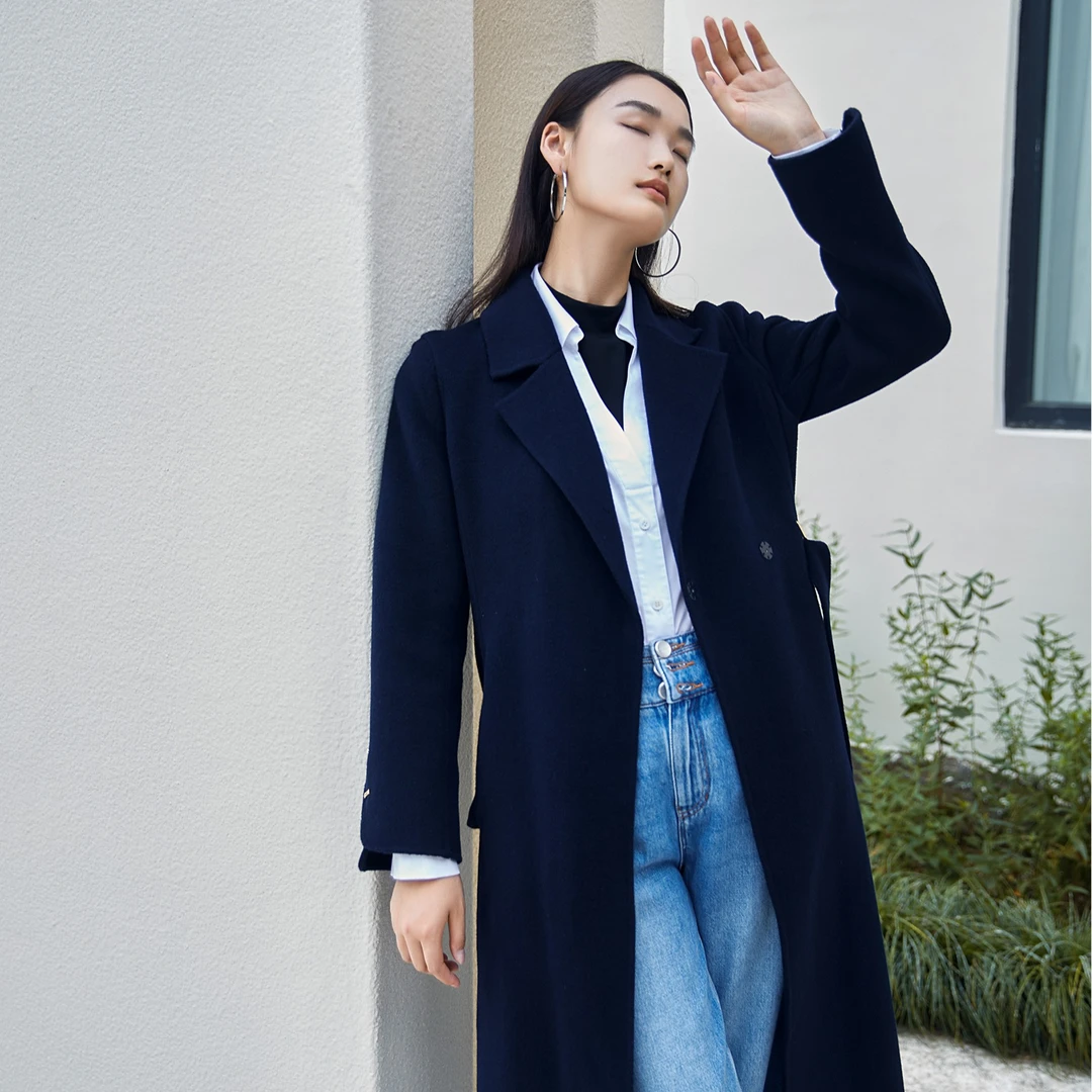 【曼德诗】冬“纸片人”羊毛长款毛呢大衣气质羊毛双面呢外M426302062