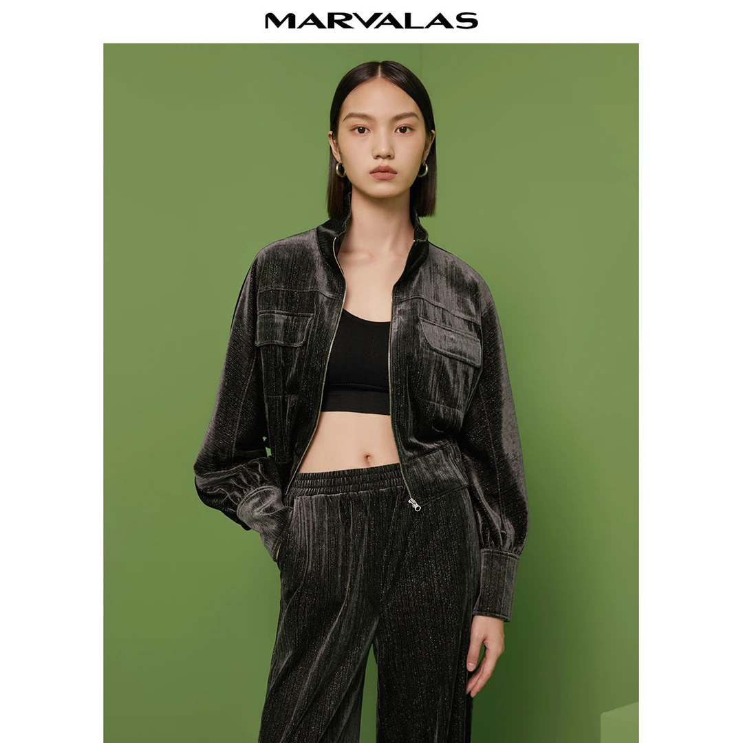 【曼德诗】曼德诗夹克秋冬款季亮丝绒短外套百搭套装上衣M431939