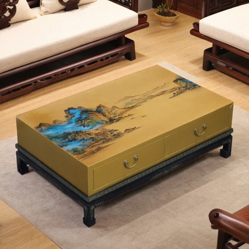 晋元恒新中式手绘山水漆画茶几禅意风客厅实木家具榫卯结构漆器柜