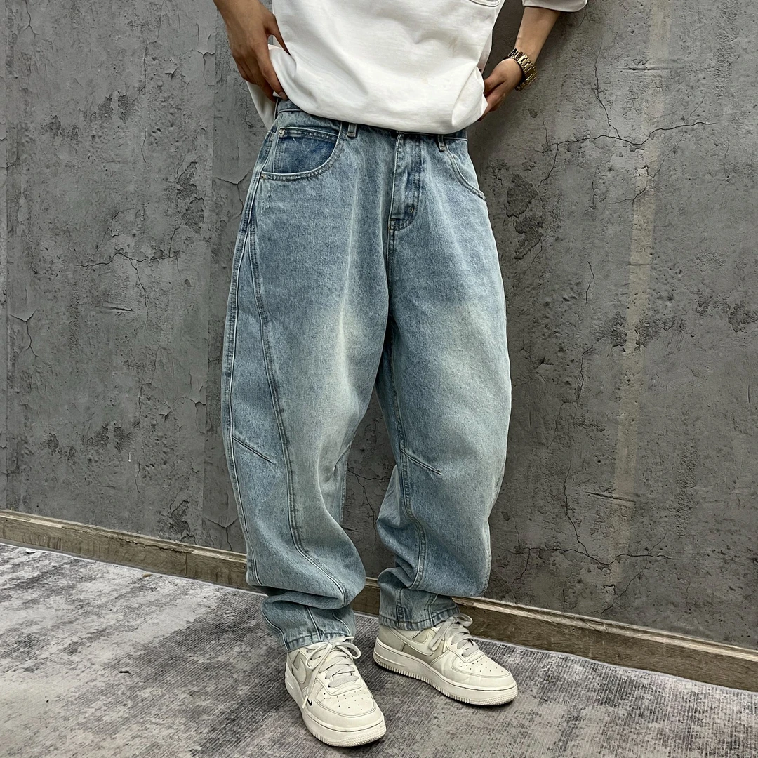 尹小鸡 美式复古宽松廓形14盎司冰蓝结构弯刀微锥牛仔裤男女 996