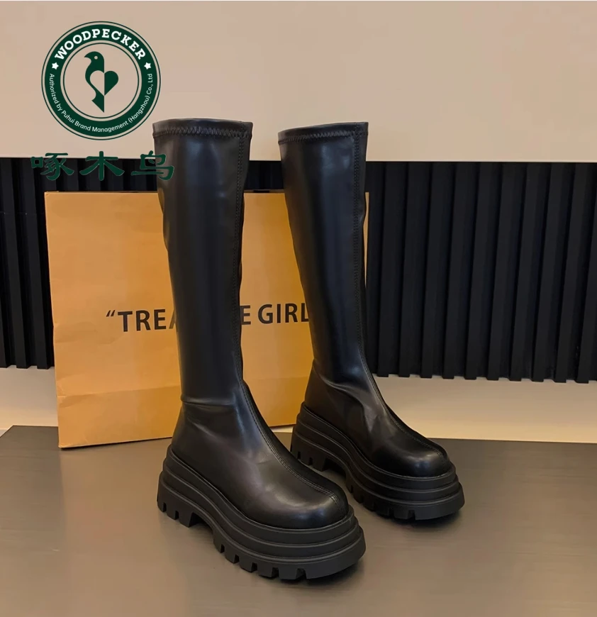 啄木鸟厚底长筒靴女秋冬加绒百搭长靴英伦风靴小个子高筒骑士靴子