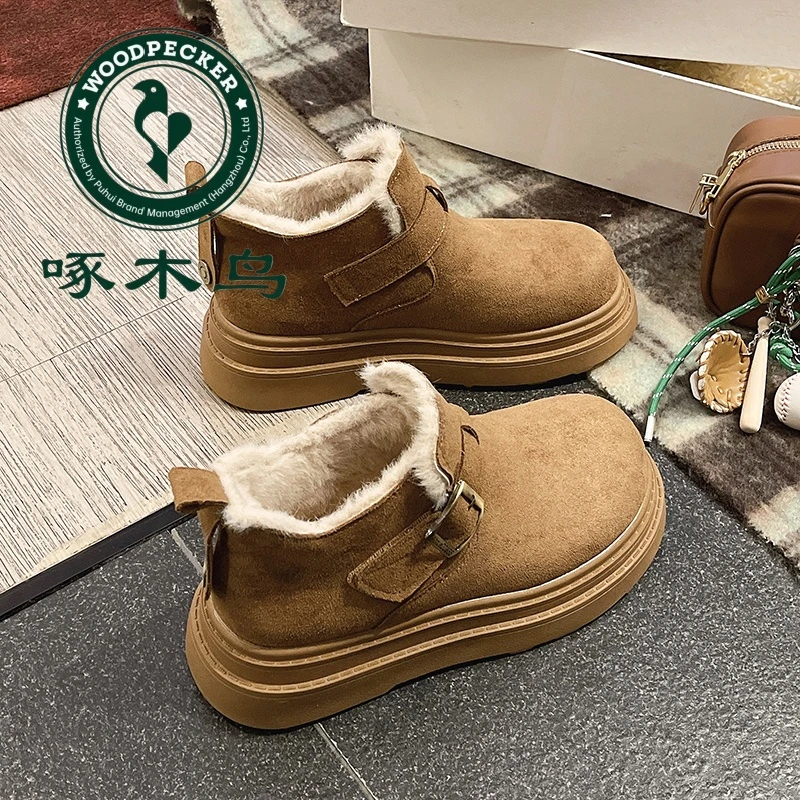 啄木鸟厚底勃肯鞋女加绒保暖雪地靴2024新款冬季短靴博肯高帮棉鞋