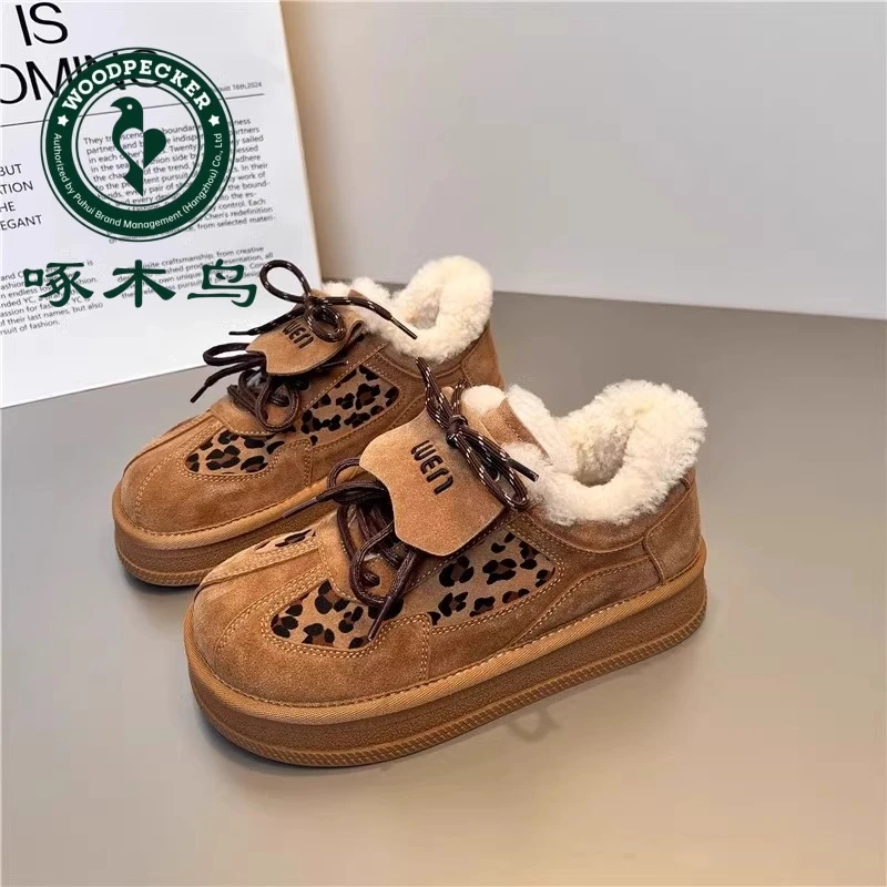 啄木鸟厚底豹纹雪地勃肯棉鞋女2024新款冬加绒保暖外穿运动雪地靴
