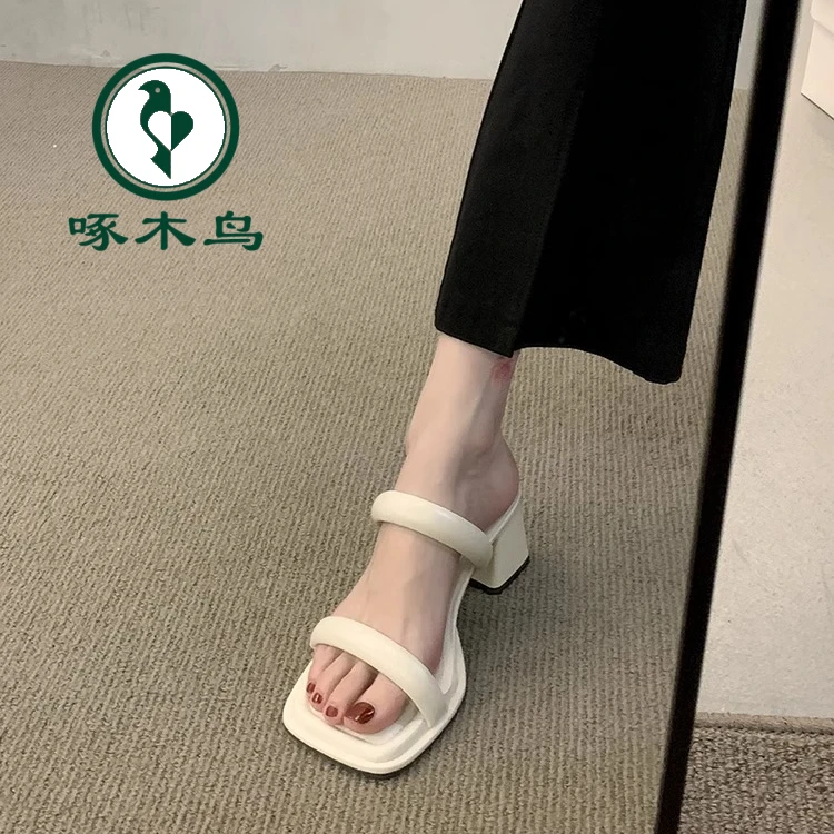 啄木鸟拖鞋女夏季外穿2024新款时尚法式绝美洋气粗跟一字带高跟鞋